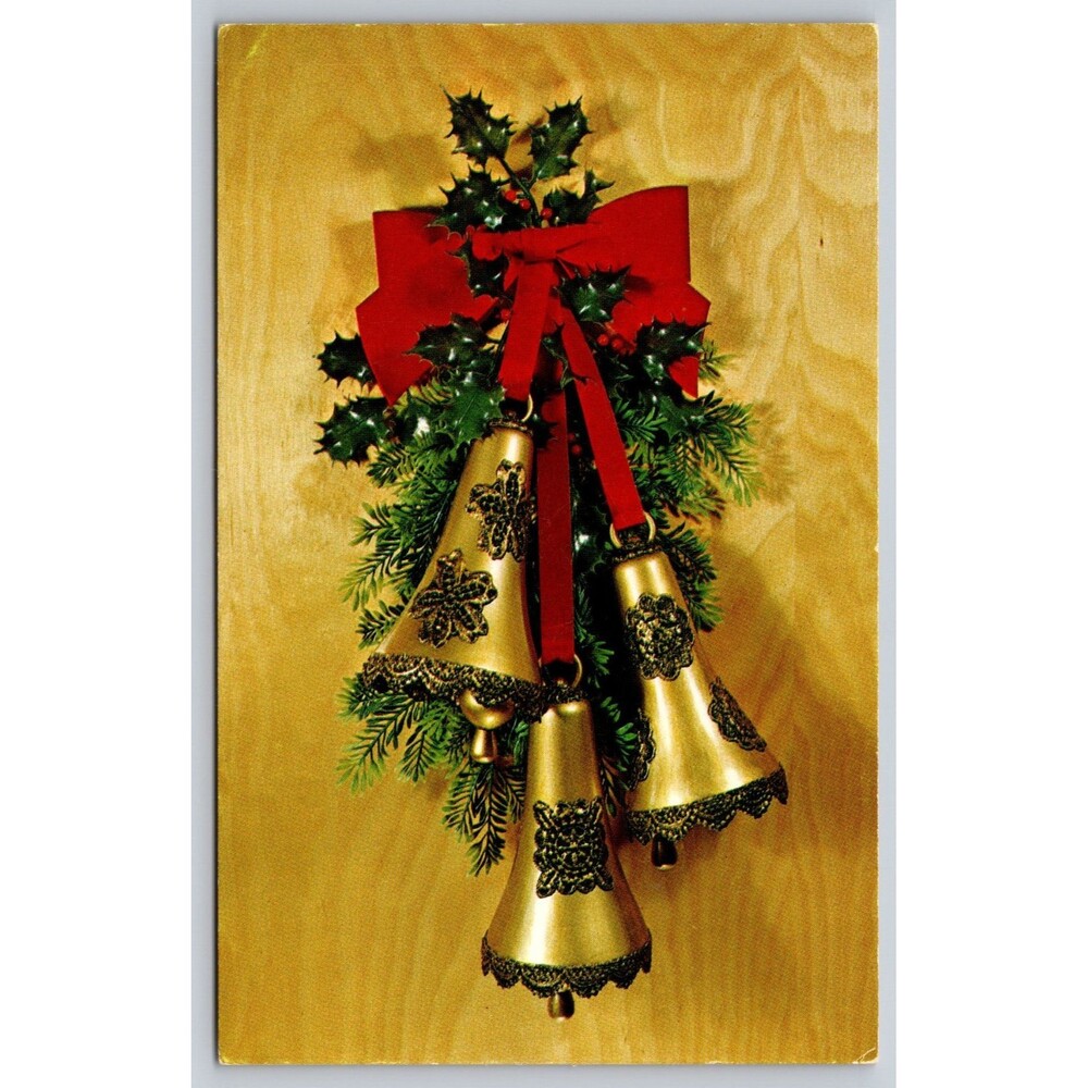 National Handcraft Institute Golden Bell Trio Christmas Decoration Postcard Vtg